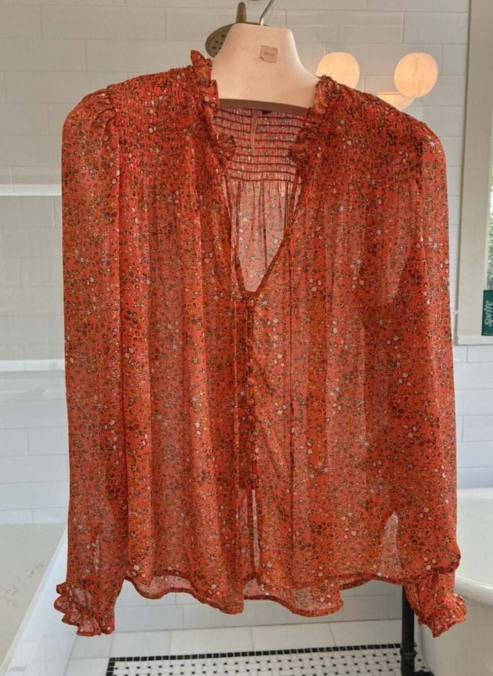 Free People Lela Floral Chiffon Blouse in Coral Combo